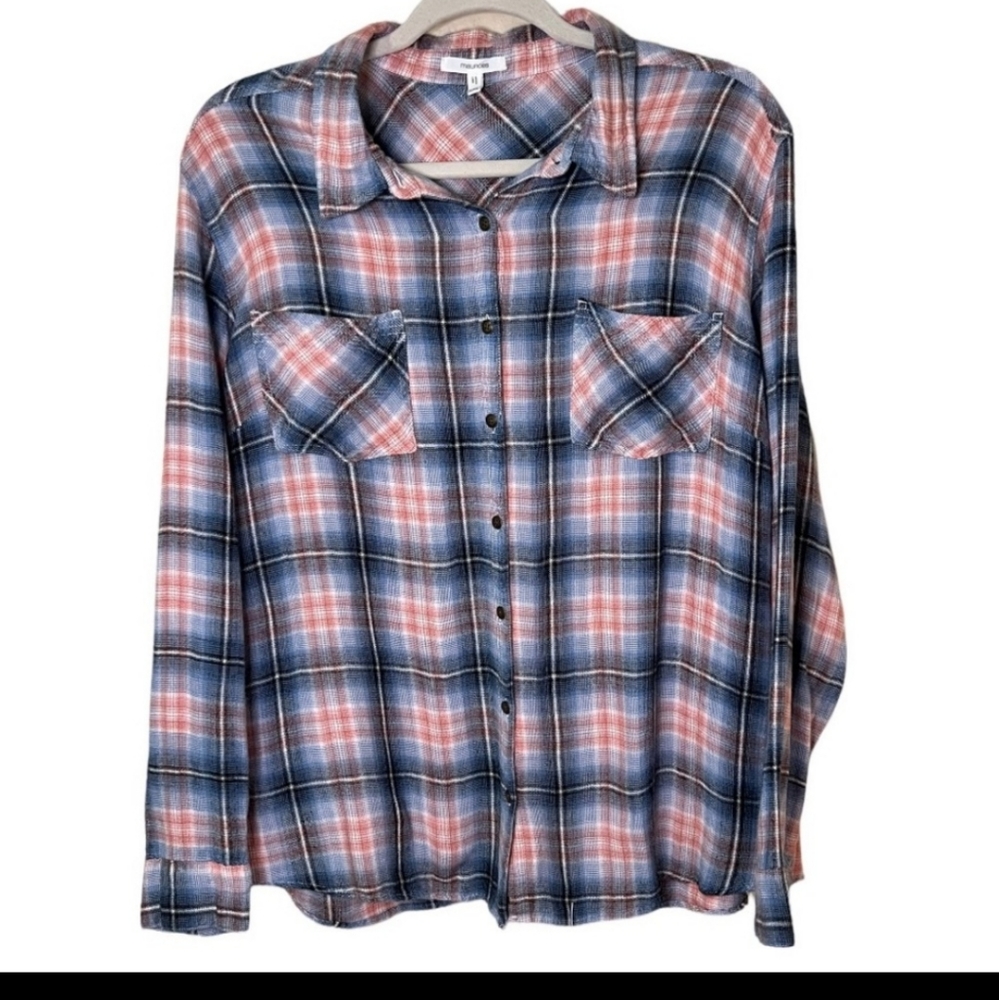 MAURICES Plaid Pink and Blue Flannel Button Down Long Sleeve Shirt